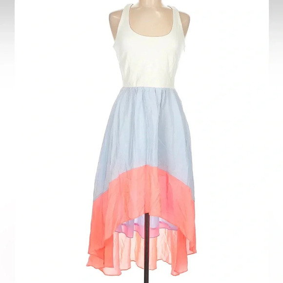 Anthropologie Hutch Blue Coral Color Block High Low Midi Dress Size Med Petite - Picture 2 of 6